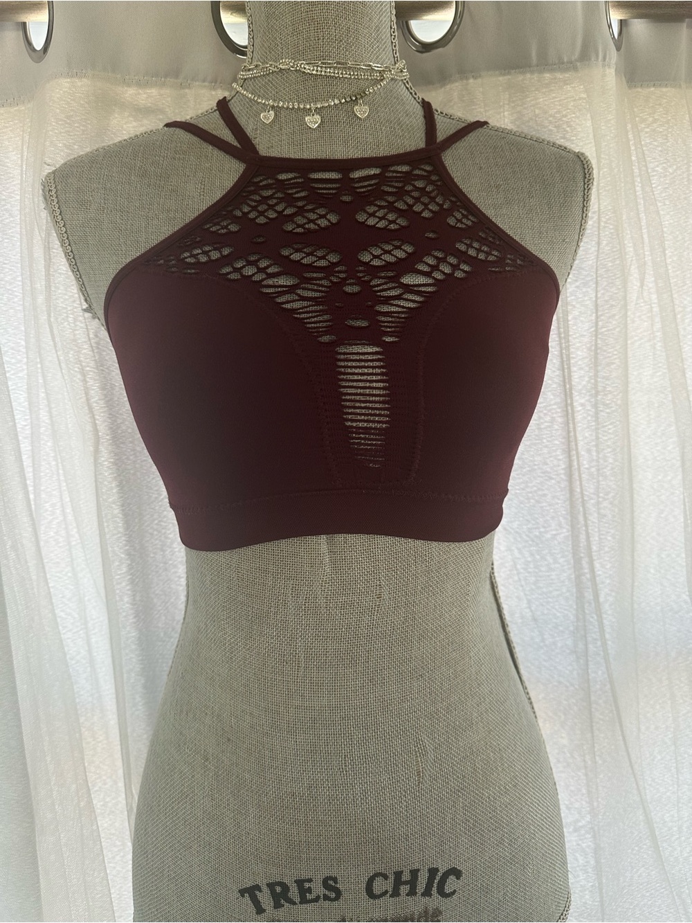 High-Neck Lace-Detail Bralette in Burgundy